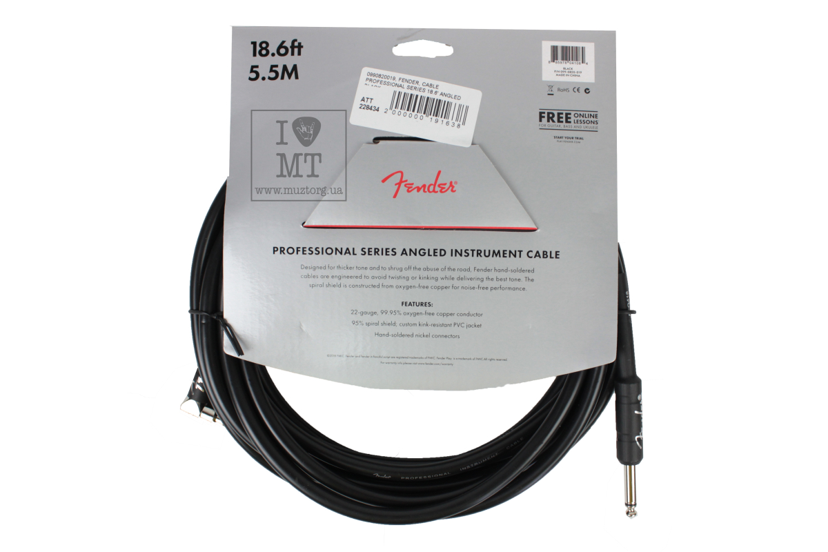 Кабель инструментальный FENDER CABLE PROFESSIONAL SERIES 18.6' ANGLED BLACK
