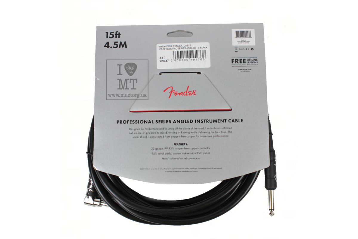 Кабель инструментальный FENDER CABLE PROFESSIONAL SERIES ANGLED 15' BLACK