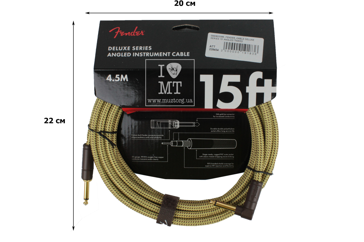Кабель инструментальный FENDER CABLE DELUXE SERIES 15' ANGLED TWEED