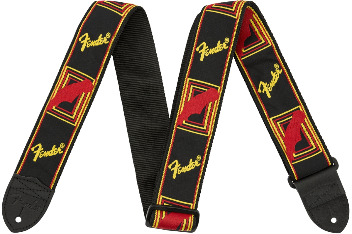 Kytarový popruh FENDER STRAP 2" MONOGRAMMED BLACK/YELLOW/RED
